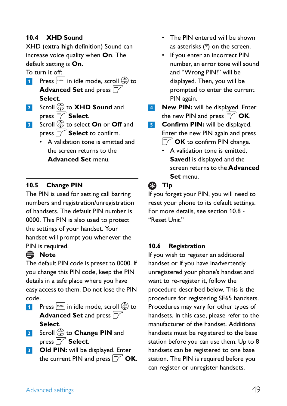 4 xhd sound, 5 change pin, 6 registration | Xhd sound, Change pin, Registration | Philips SE655 User Manual | Page 51 / 73