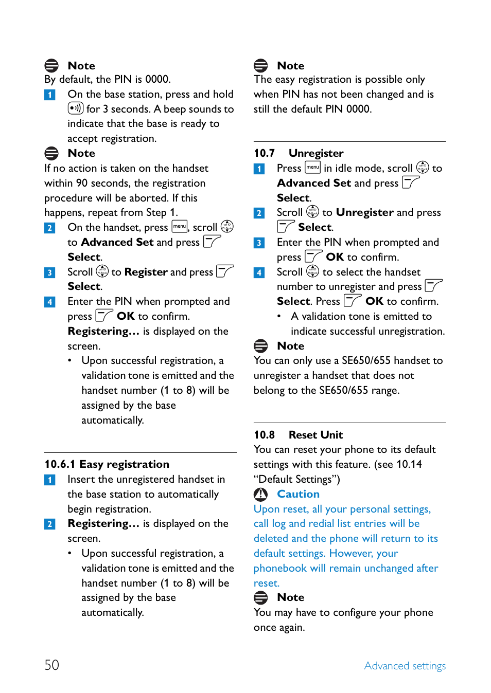 7 unregister, 8 reset unit, Easy registration | Unregister, Reset unit | Philips SE655 User Manual | Page 52 / 73