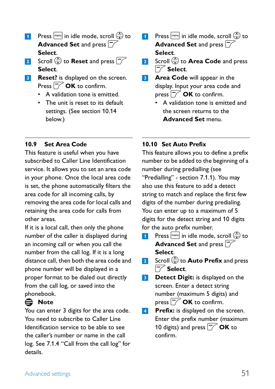 9 set area code, 10 set auto prefix, Set area code | Set auto prefix | Philips SE655 User Manual | Page 53 / 73