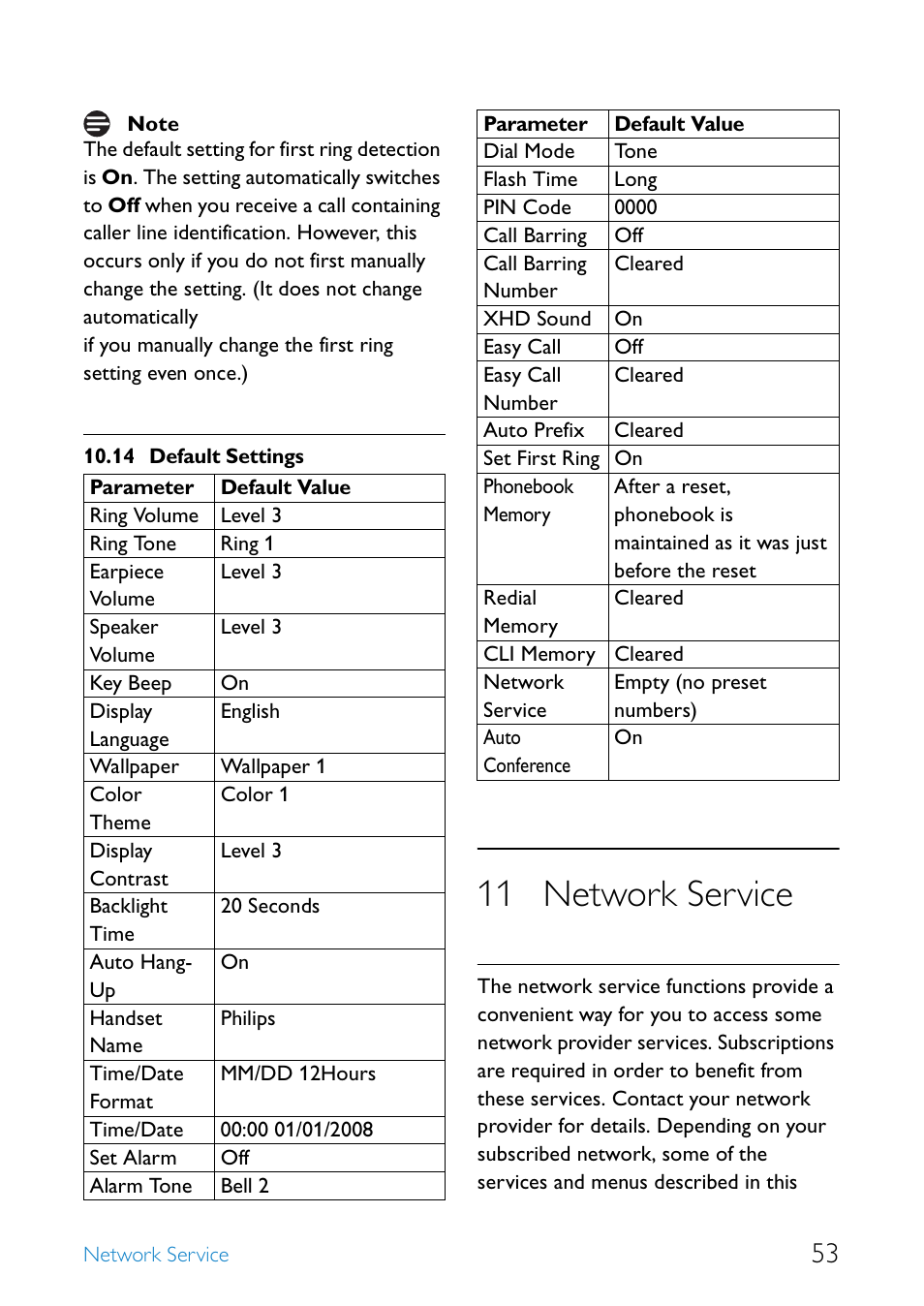 14 default settings, 11 network service, Default settings | Network service | Philips SE655 User Manual | Page 55 / 73