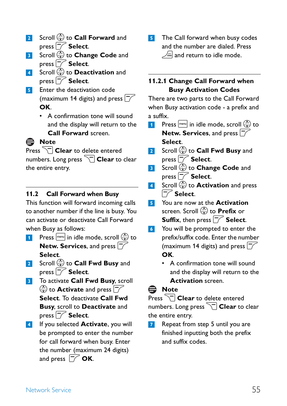 2 call forward when busy, Call forward when busy, Change call forward when busy activation codes | Philips SE655 User Manual | Page 57 / 73