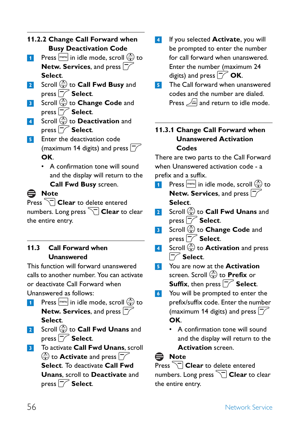 3 call forward when unanswered, Change call forward when busy deactivation code, Call forward when unanswered | Philips SE655 User Manual | Page 58 / 73