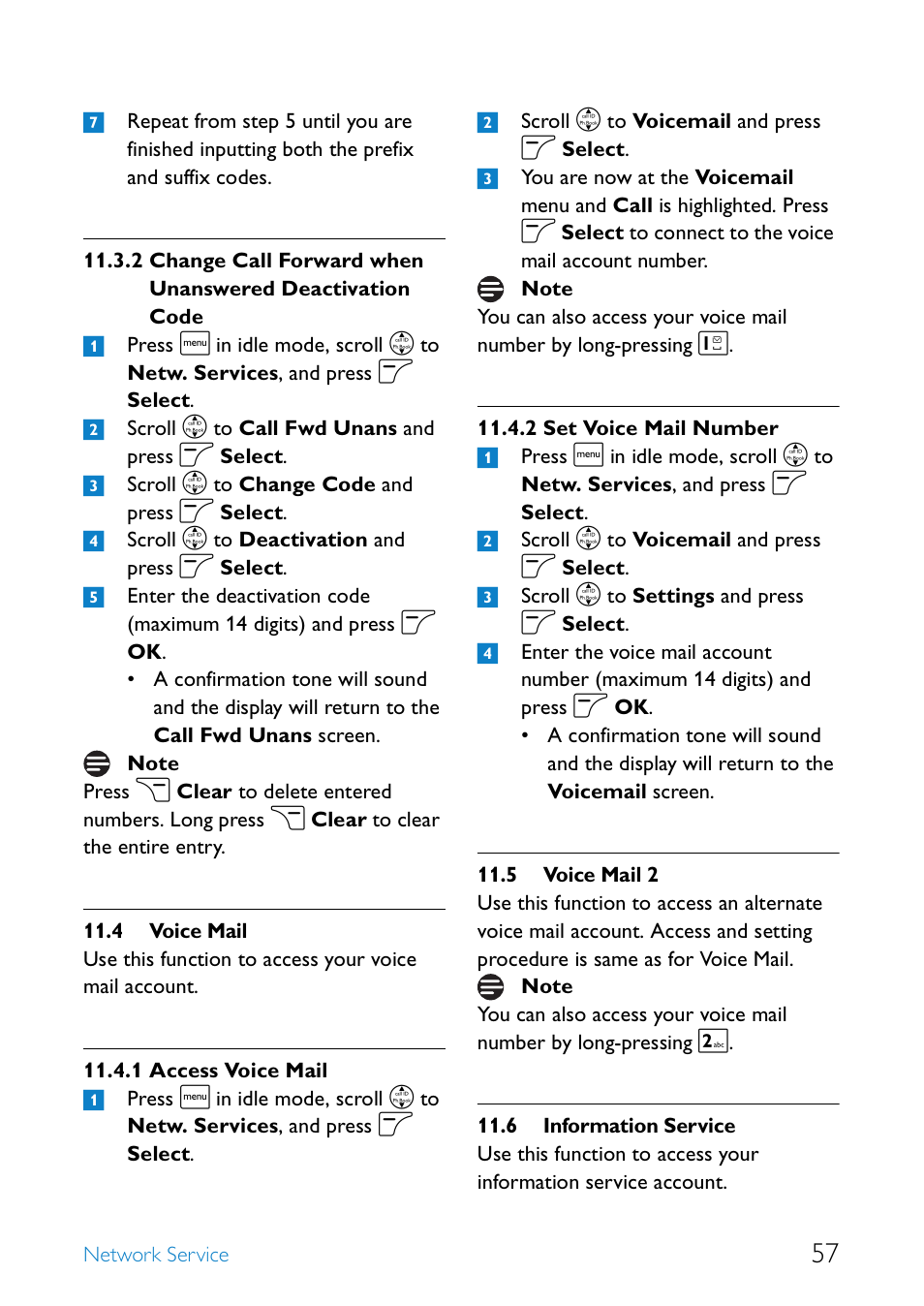 4 voice mail, 5 voice mail 2, 6 information service | Voice mail, Access voice mail, Set voice mail number, Voice mail 2, Information service | Philips SE655 User Manual | Page 59 / 73