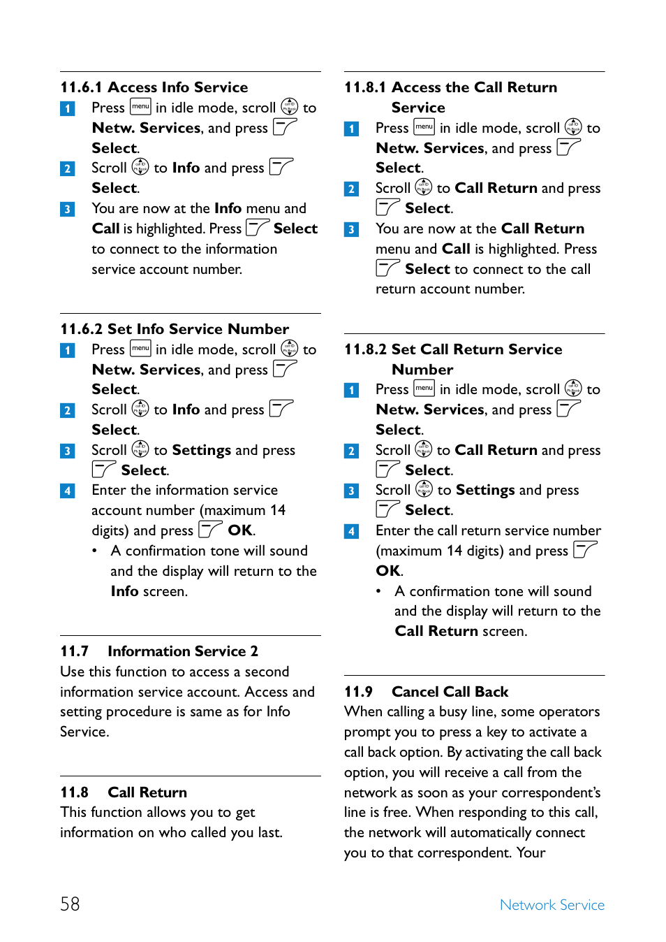 7 information service 2, 8 call return, 9 cancel call back | Access info service, Set info service number, Information service 2, Call return, Access the call return service, Set call return service number, Cancel call back | Philips SE655 User Manual | Page 60 / 73