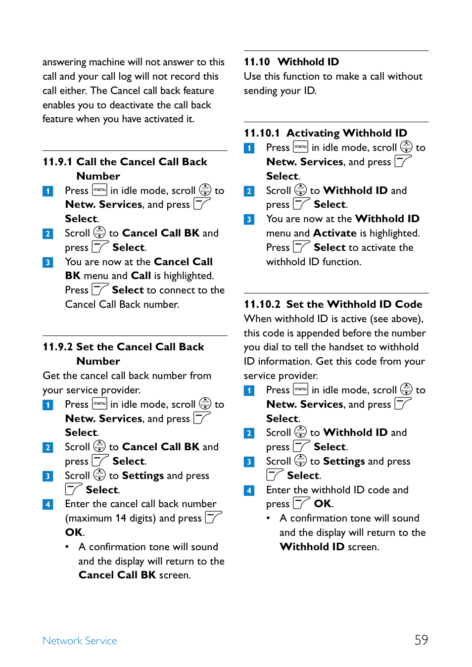 10 withhold id, Call the cancel call back number, Set the cancel call back number | Withhold id, Activating withhold id, Set the withhold id code | Philips SE655 User Manual | Page 61 / 73