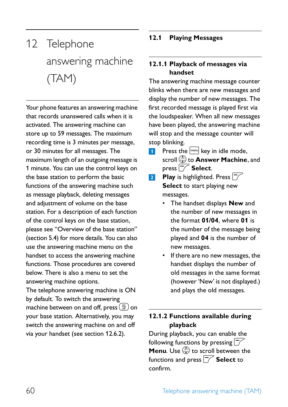 12 telephone answering machine (tam), 1 playing messages, Telephone answering machine (tam) | Playing messages, Playback of messages via handset, Functions available during playback | Philips SE655 User Manual | Page 62 / 73