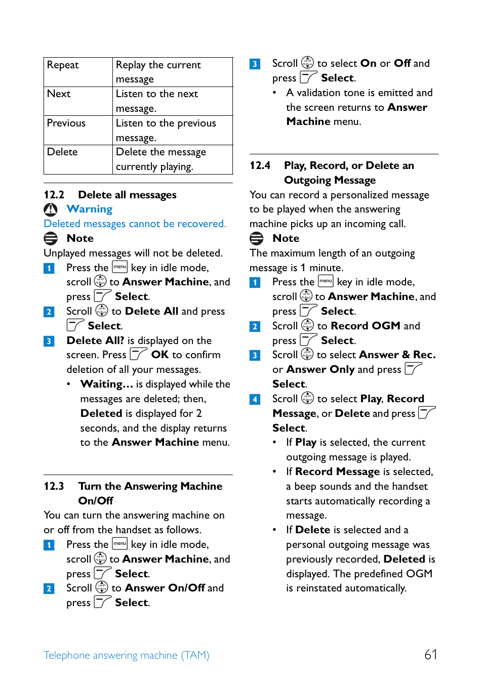 2 delete all messages, 3 turn the answering machine on/off, 4 play, record, or delete an outgoing message | Delete all messages, Turn the answering machine on/off, Play, record, or delete an outgoing message | Philips SE655 User Manual | Page 63 / 73