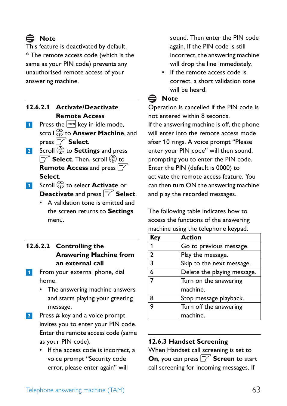 Handset screening | Philips SE655 User Manual | Page 65 / 73