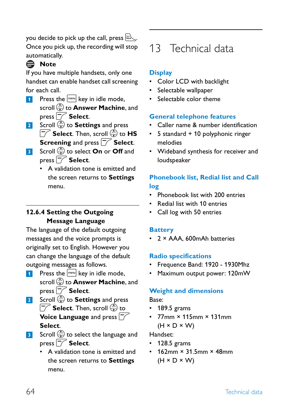 13 technical data, Setting the outgoing message language, Technical data | Philips SE655 User Manual | Page 66 / 73