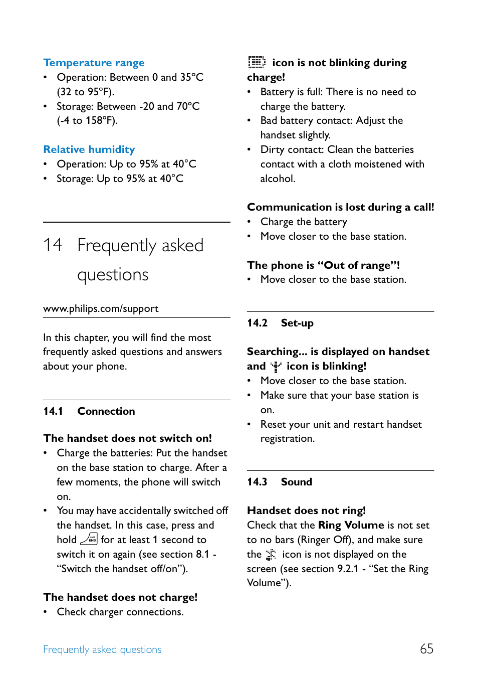14 frequently asked questions, 1 connection, 2 set-up | 3 sound, Frequently asked questions, Connection, Set-up, Sound | Philips SE655 User Manual | Page 67 / 73