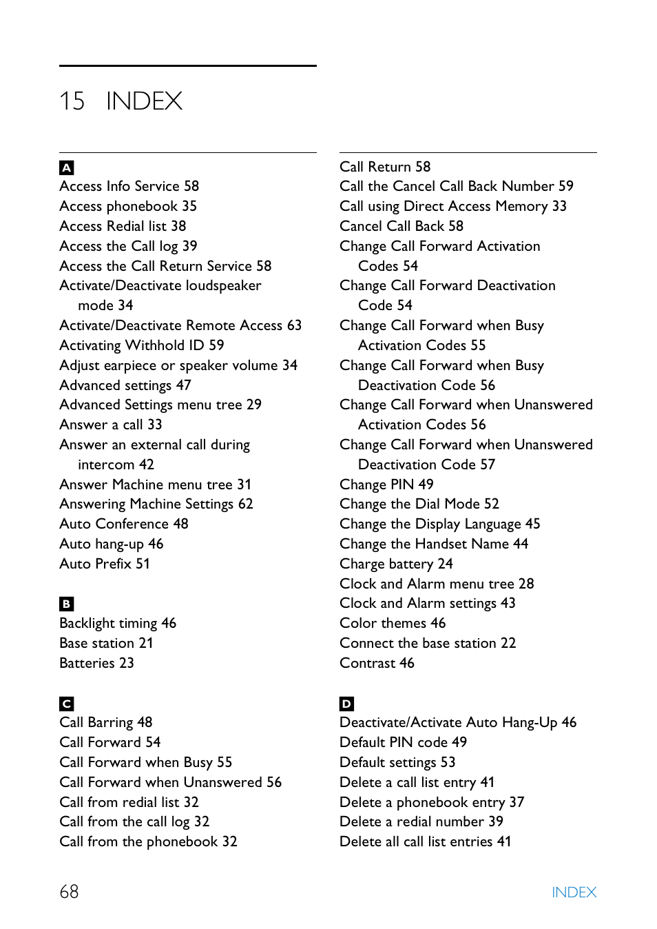 15 index, Index | Philips SE655 User Manual | Page 70 / 73