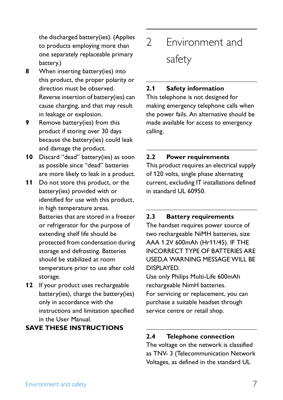 2 environment and safety, 1 safety information, 2 power requirements | 3 battery requirements, 4 telephone connection, Environment and safety 7, Safety information, Power requirements, Battery requirements, Telephone connection | Philips SE655 User Manual | Page 9 / 73