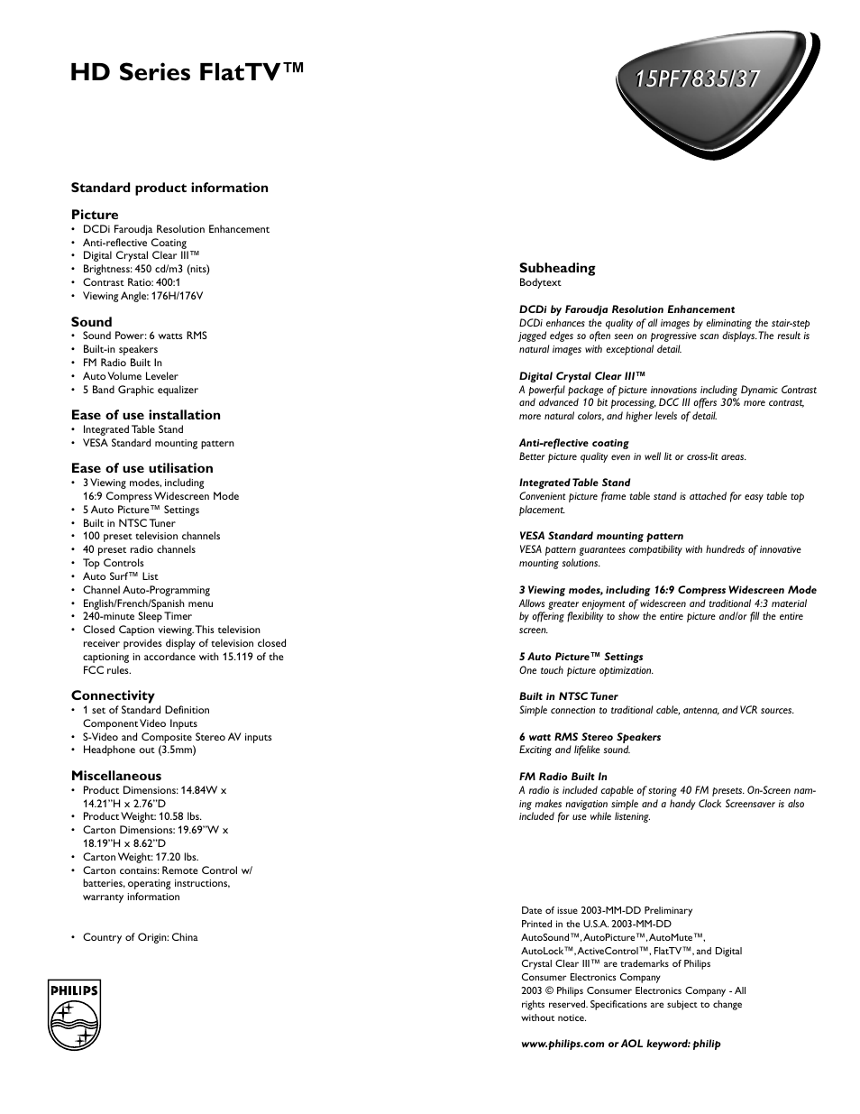 Hd series flattv | Philips 15PF7837 User Manual | Page 2 / 2