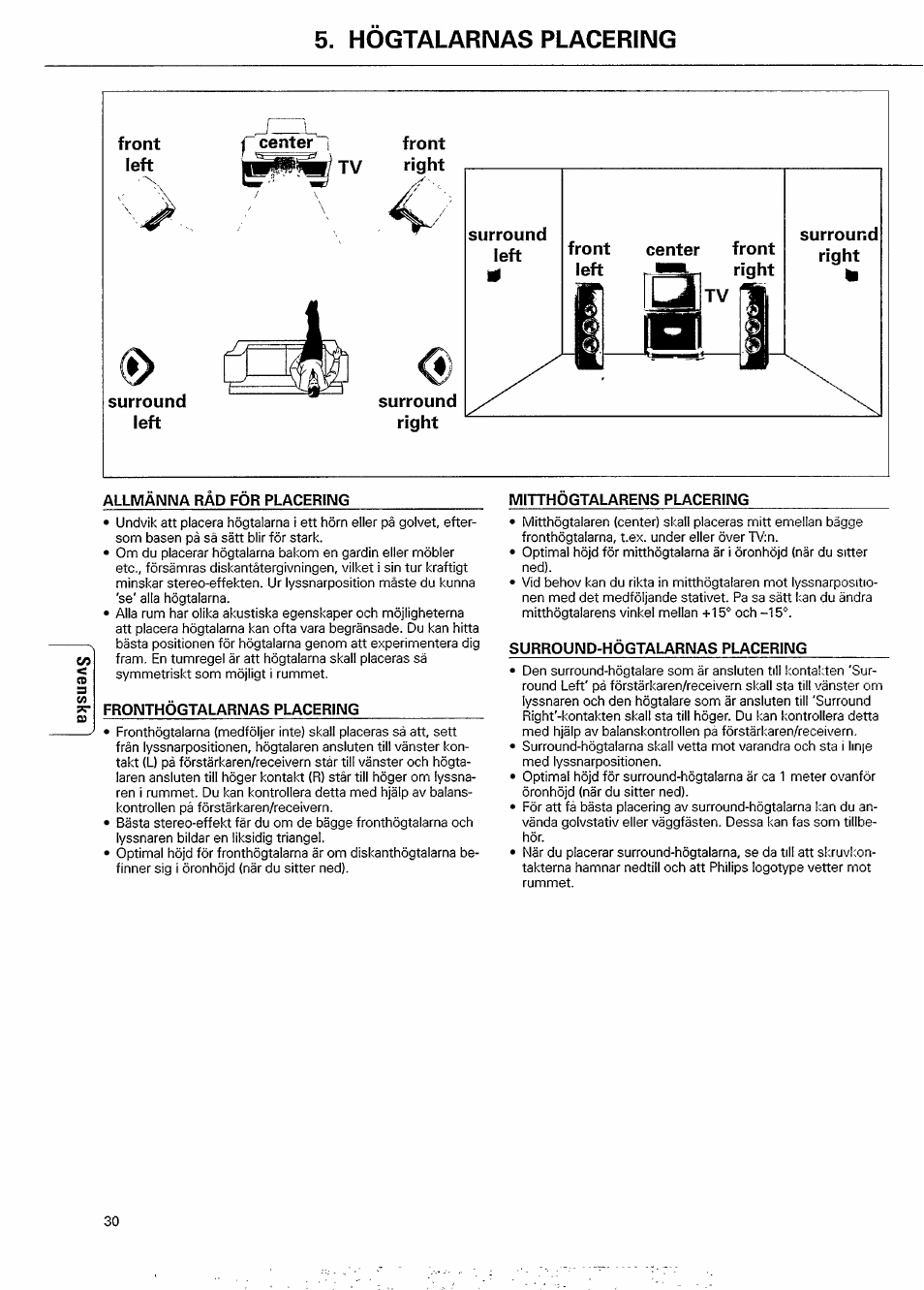 Hogtalarnas placering, Front left surround left front | Philips FB 603/00 User Manual | Page 6 / 8