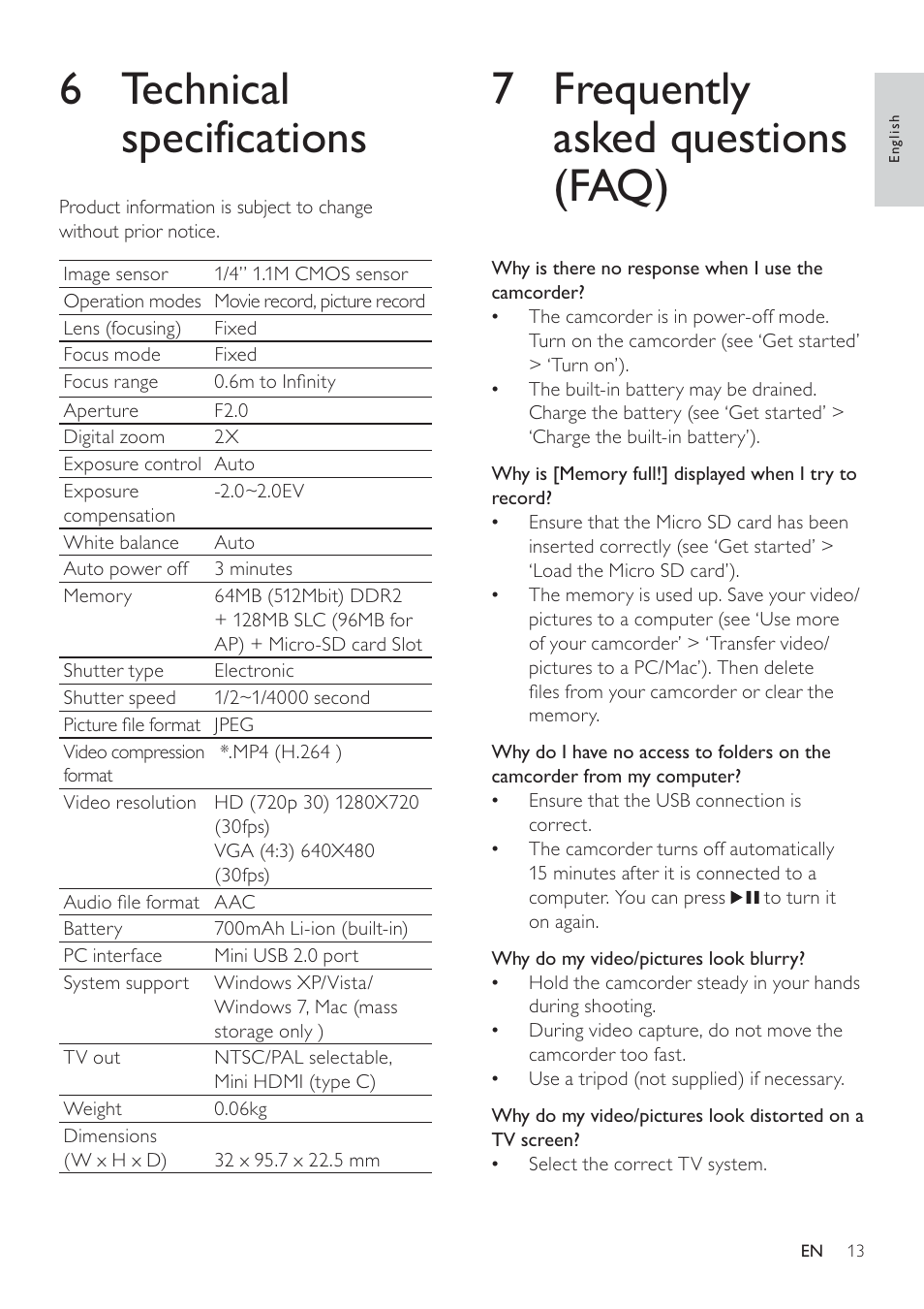7 frequently asked questions (faq), 6 technical specifications | Philips CAM100GY/00 User Manual | Page 12 / 15