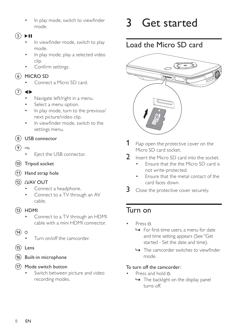 3 get started, Load the micro sd card, Turn on | Philips CAM100GY/00 User Manual | Page 7 / 15