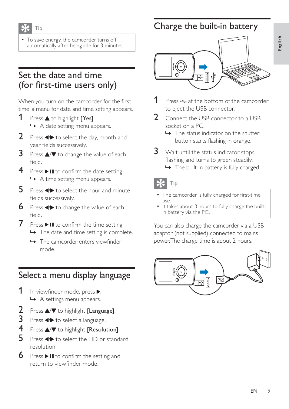 Charge the built-in battery, Set the date and time (for ﬁrst-time users only), Select a menu display language 1 | Philips CAM100GY/00 User Manual | Page 8 / 15