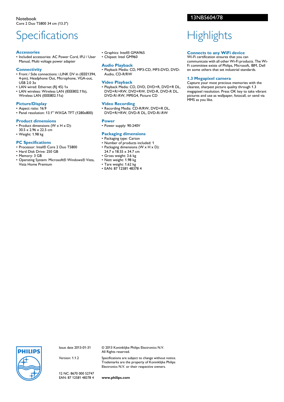 Specifications, Highlights | Philips 13NB5604 User Manual | Page 2 / 2
