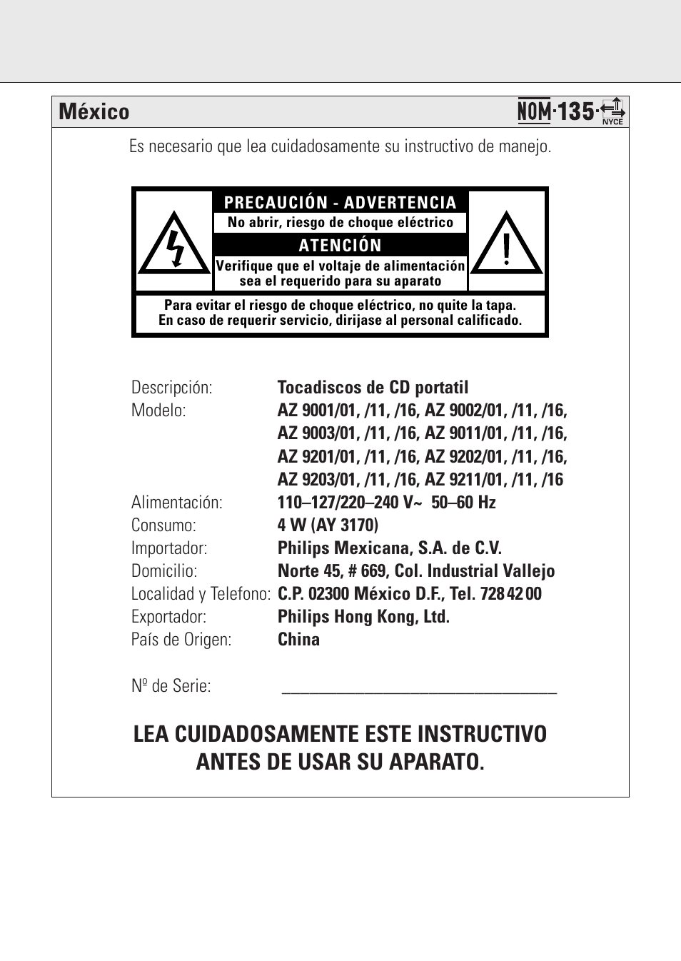 México | Philips AZ9201/01 User Manual | Page 2 / 62