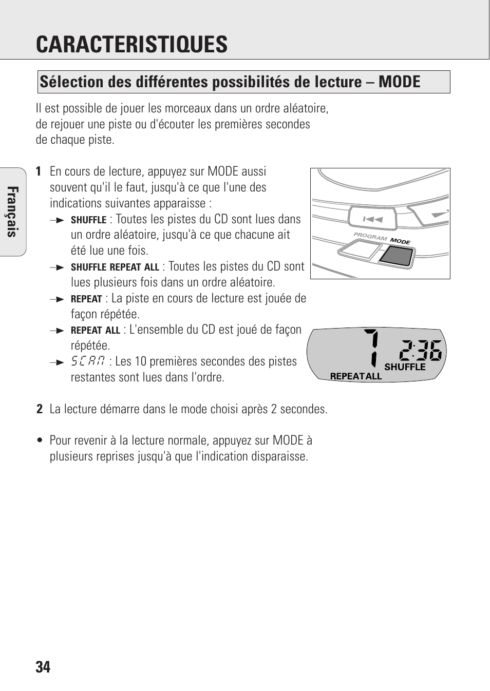 Caracteristiques, Fran ç ais | Philips AZ9201/01 User Manual | Page 34 / 62