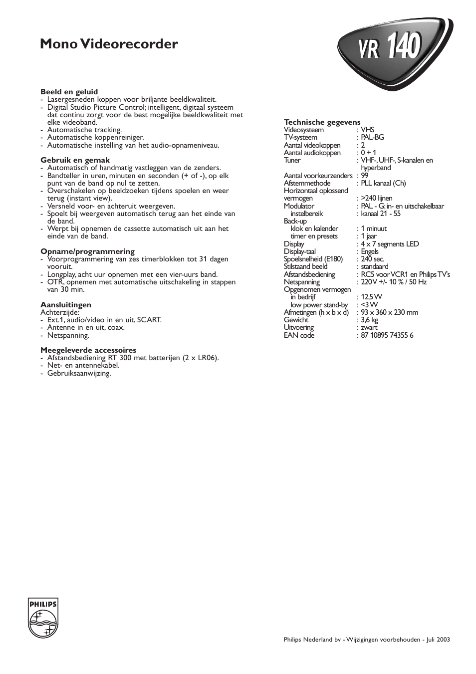 Beeld en geluid, Gebruik en gemak, Opname/programmering | Aansluitingen, Meegeleverde accessoires, I4by, Mono videorecorder | Philips VR140 User Manual | Page 2 / 2
