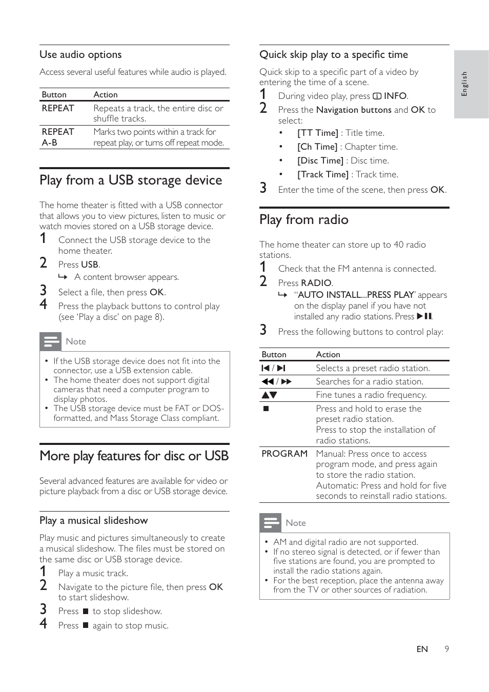 Play from radio, Play from a usb storage device, More play features for disc or usb | Philips HTS2500/98 User Manual | Page 11 / 18