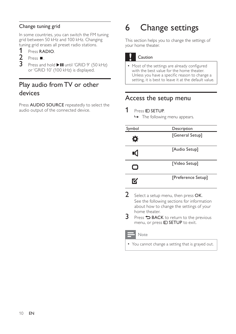 6 change settings, Access the setup menu, Play audio from tv or other devices | Philips HTS2500/98 User Manual | Page 12 / 18