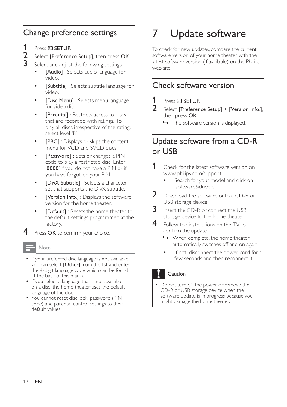 7 update software, Check software version, Update software from a cd-r or usb | Change preference settings | Philips HTS2500/98 User Manual | Page 14 / 18