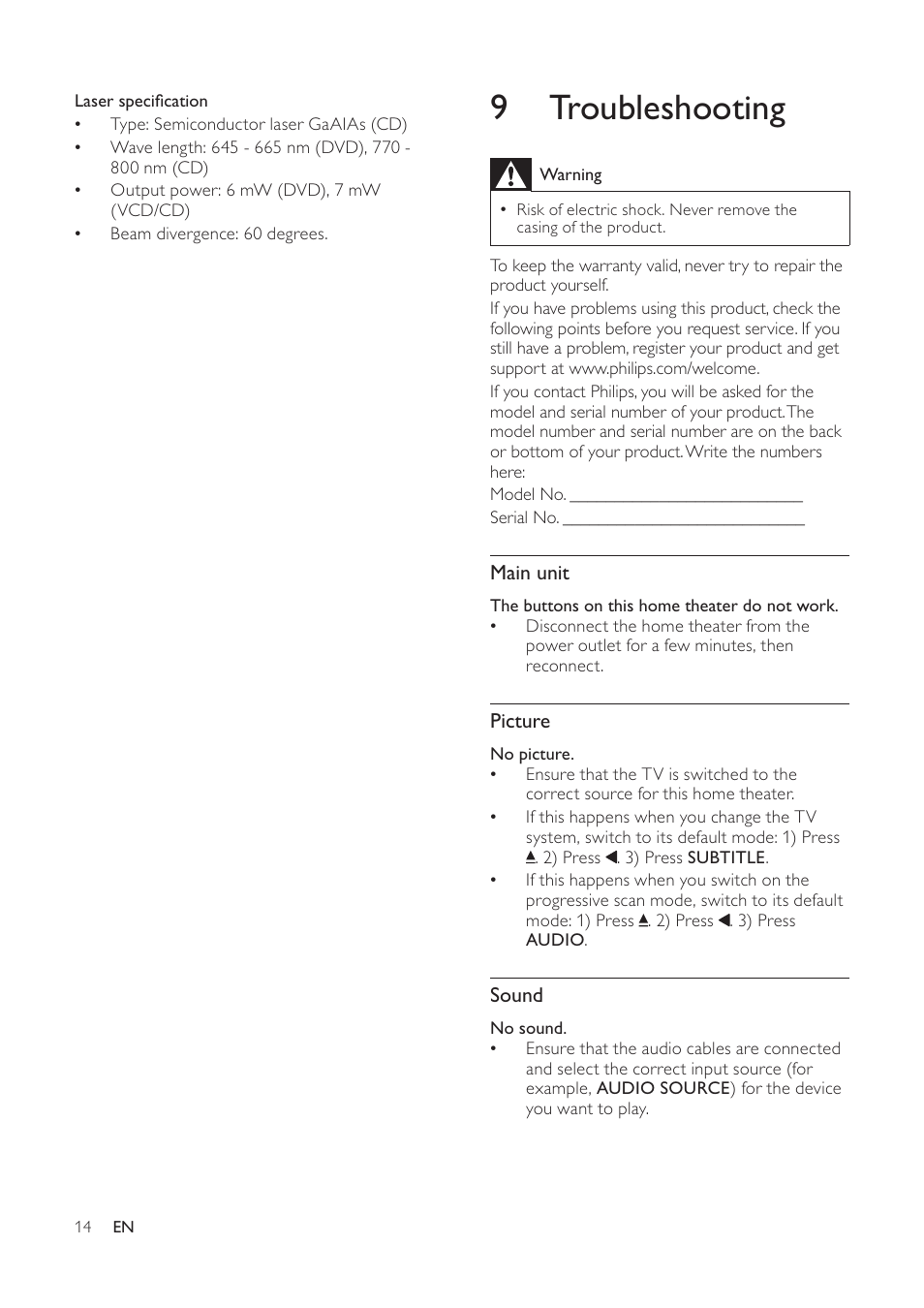 9 troubleshooting | Philips HTS2500/98 User Manual | Page 16 / 18