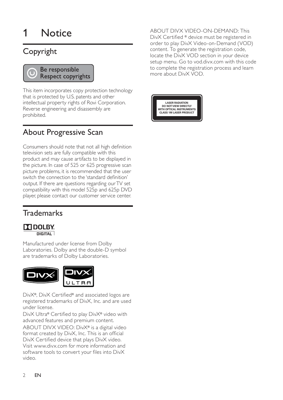 1 notice, Copyright, About progressive scan | Trademarks | Philips HTS2500/98 User Manual | Page 4 / 18