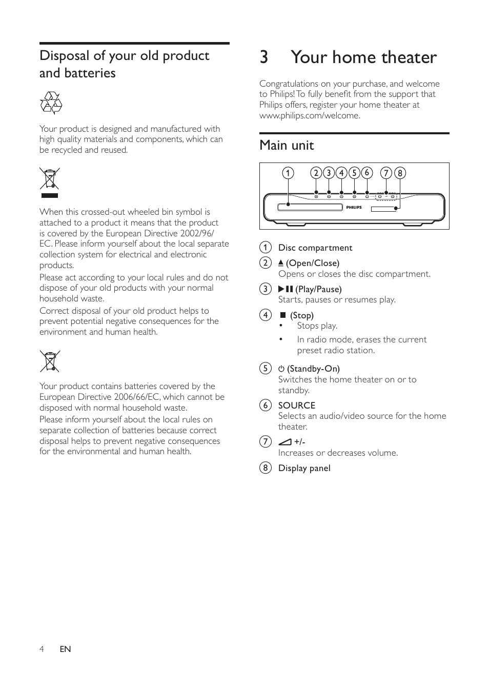 3 your home theater, Main unit, Disposal of your old product and batteries | Philips HTS2500/98 User Manual | Page 6 / 18