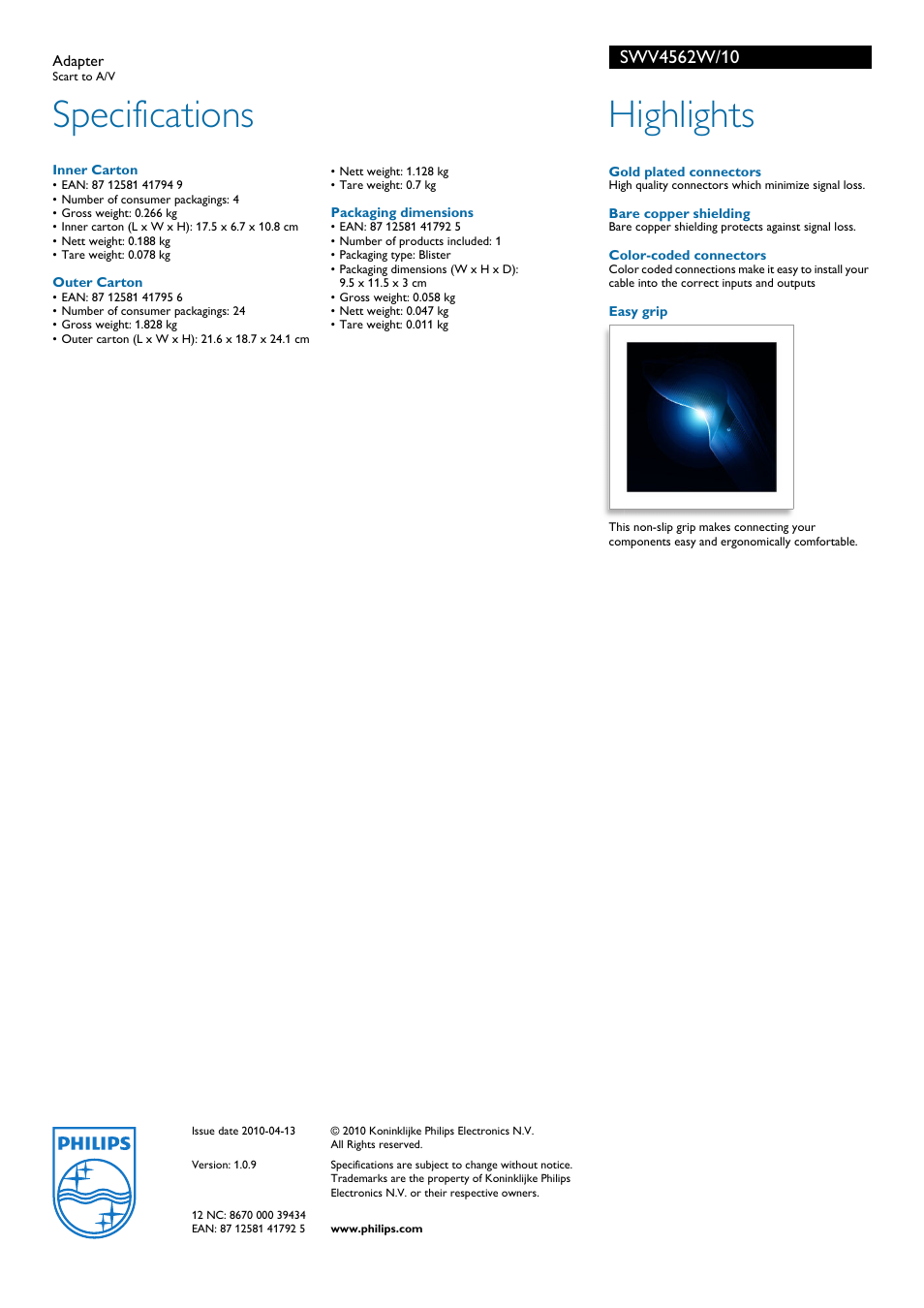 Specifications, Highlights | Philips SWV4562W/10 User Manual | Page 2 / 2