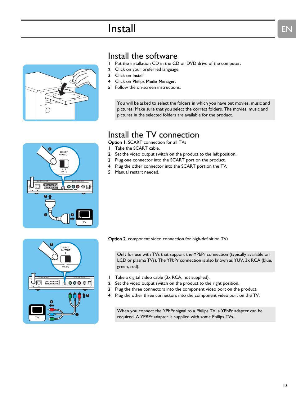 Install, Install the software, Install the tv connection | Install the software install the tv connection | Philips SLM5500 User Manual | Page 13 / 40