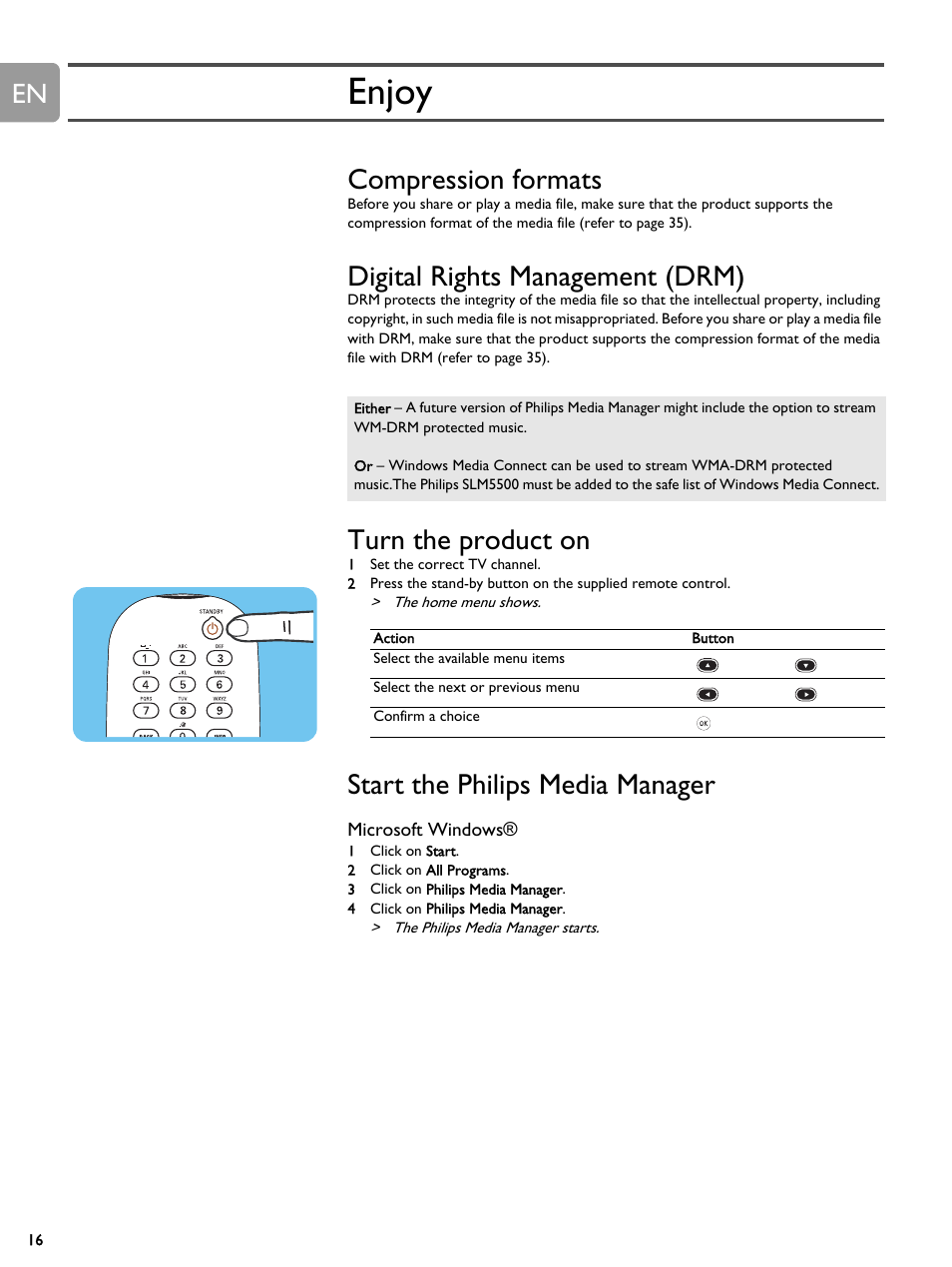 Enjoy, Compression formats, Digital rights management (drm) | Turn the product on, Start the philips media manager, Microsoft windows | Philips SLM5500 User Manual | Page 16 / 40