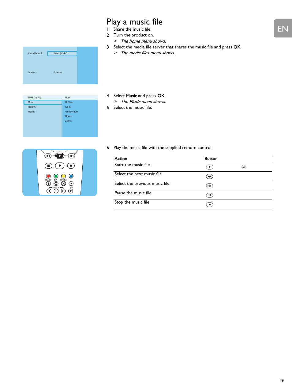 Play a music file, The home menu shows, The media files menu shows | The music menu shows | Philips SLM5500 User Manual | Page 19 / 40
