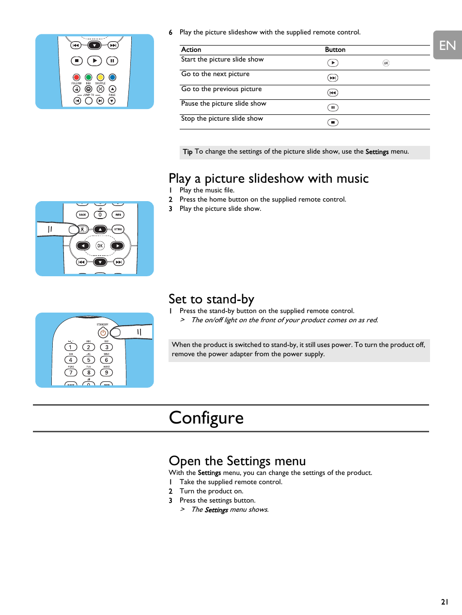 Play a picture slideshow with music, Set to stand-by, Configure | Open the settings menu | Philips SLM5500 User Manual | Page 21 / 40