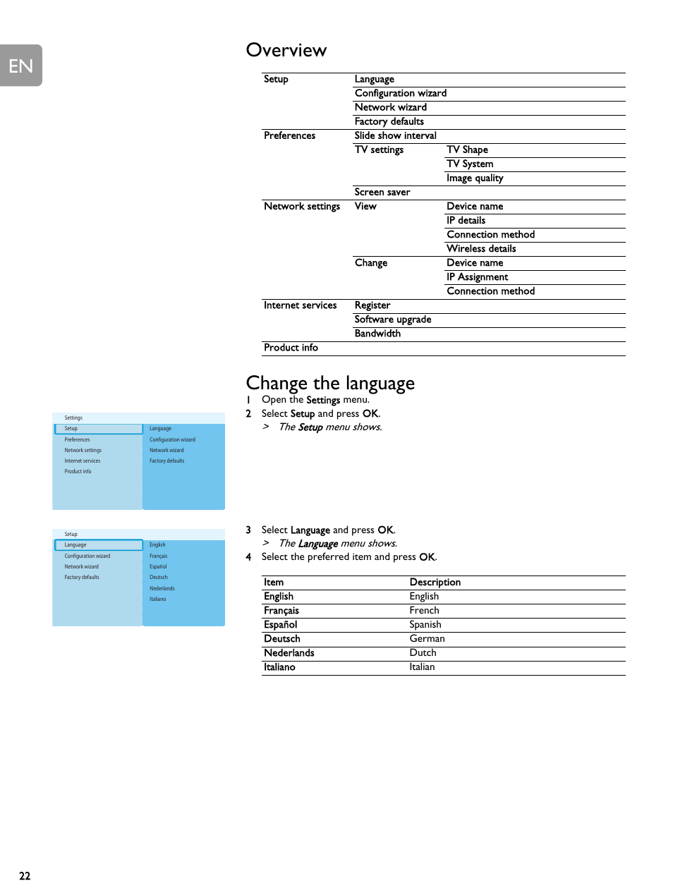 Overview, Change the language, Overview change the language | Philips SLM5500 User Manual | Page 22 / 40