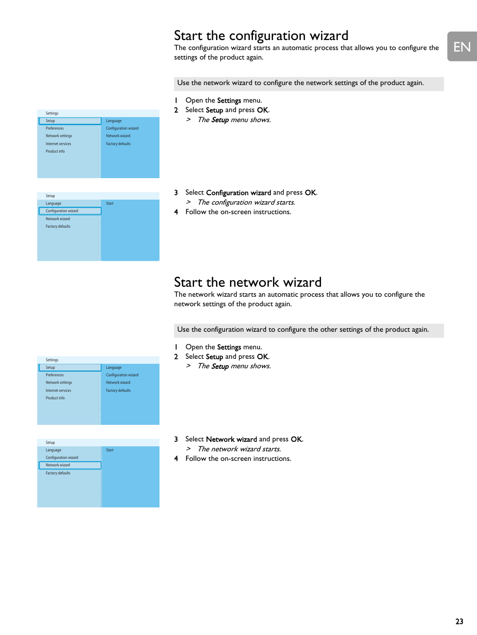 Start the configuration wizard, Start the network wizard, The setup menu shows | The configuration wizard starts, The network wizard starts, 3 select configuration wizard and press ok, 4 follow the on-screen instructions, 3 select network wizard and press ok | Philips SLM5500 User Manual | Page 23 / 40