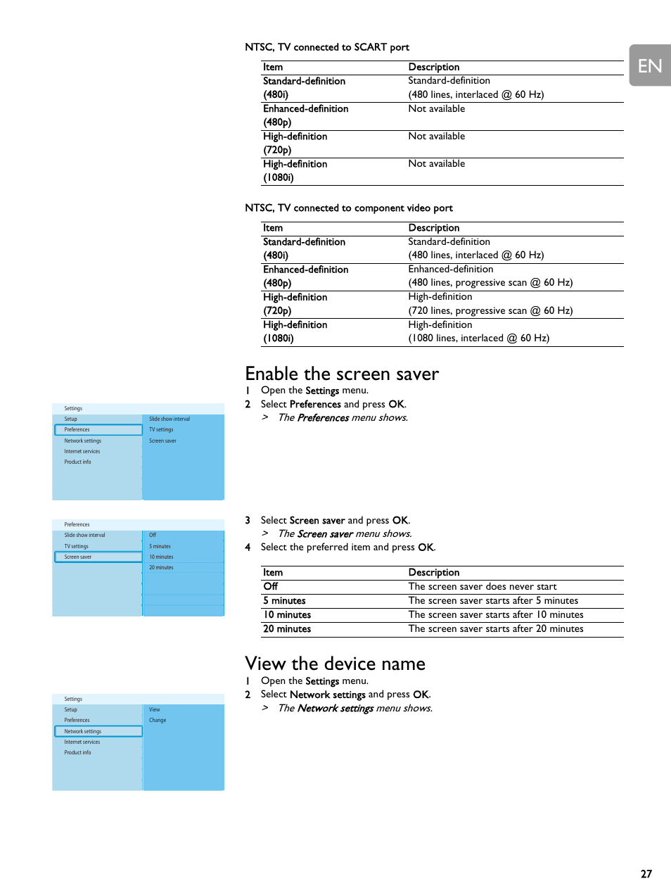 Enable the screen saver, View the device name, Enable the screen saver view the device name | Philips SLM5500 User Manual | Page 27 / 40