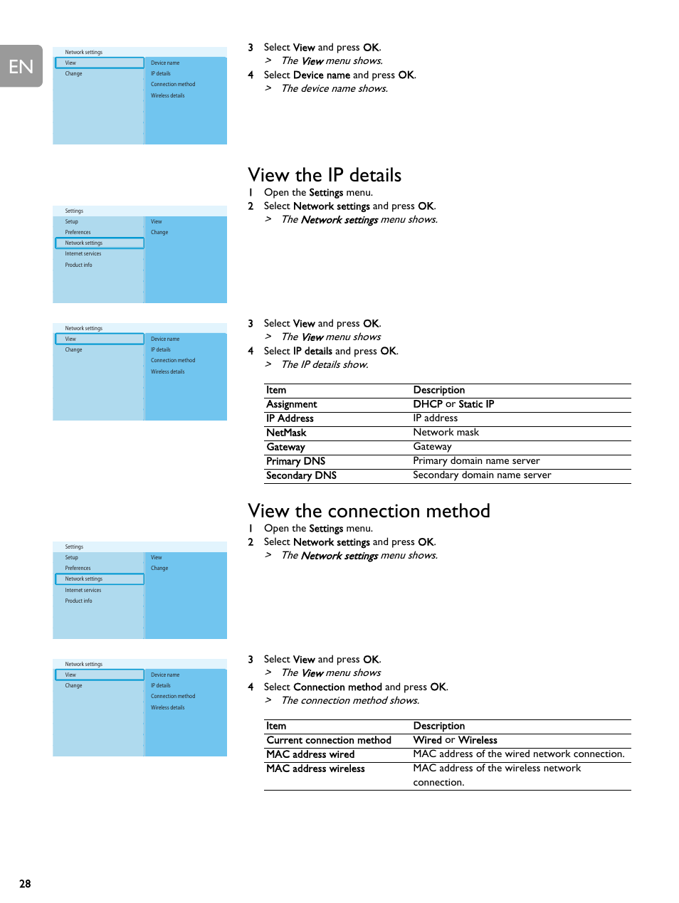 View the ip details, View the connection method, View the ip details view the connection method | The view menu shows, The device name shows, The network settings menu shows, The ip details show, The connection method shows | Philips SLM5500 User Manual | Page 28 / 40