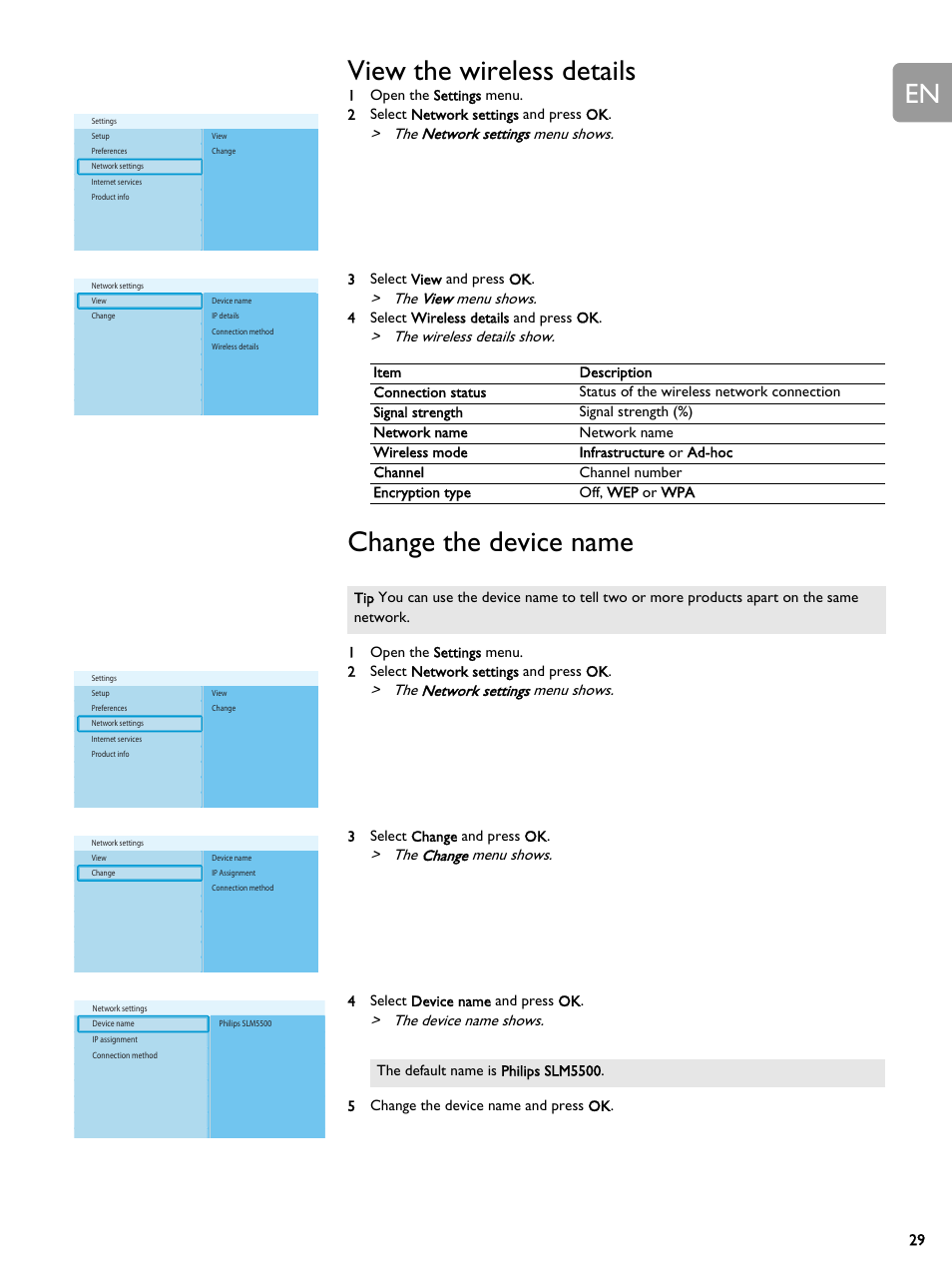 View the wireless details, Change the device name, View the wireless details change the device name | The network settings menu shows, The view menu shows, The wireless details show, The change menu shows, The device name shows | Philips SLM5500 User Manual | Page 29 / 40