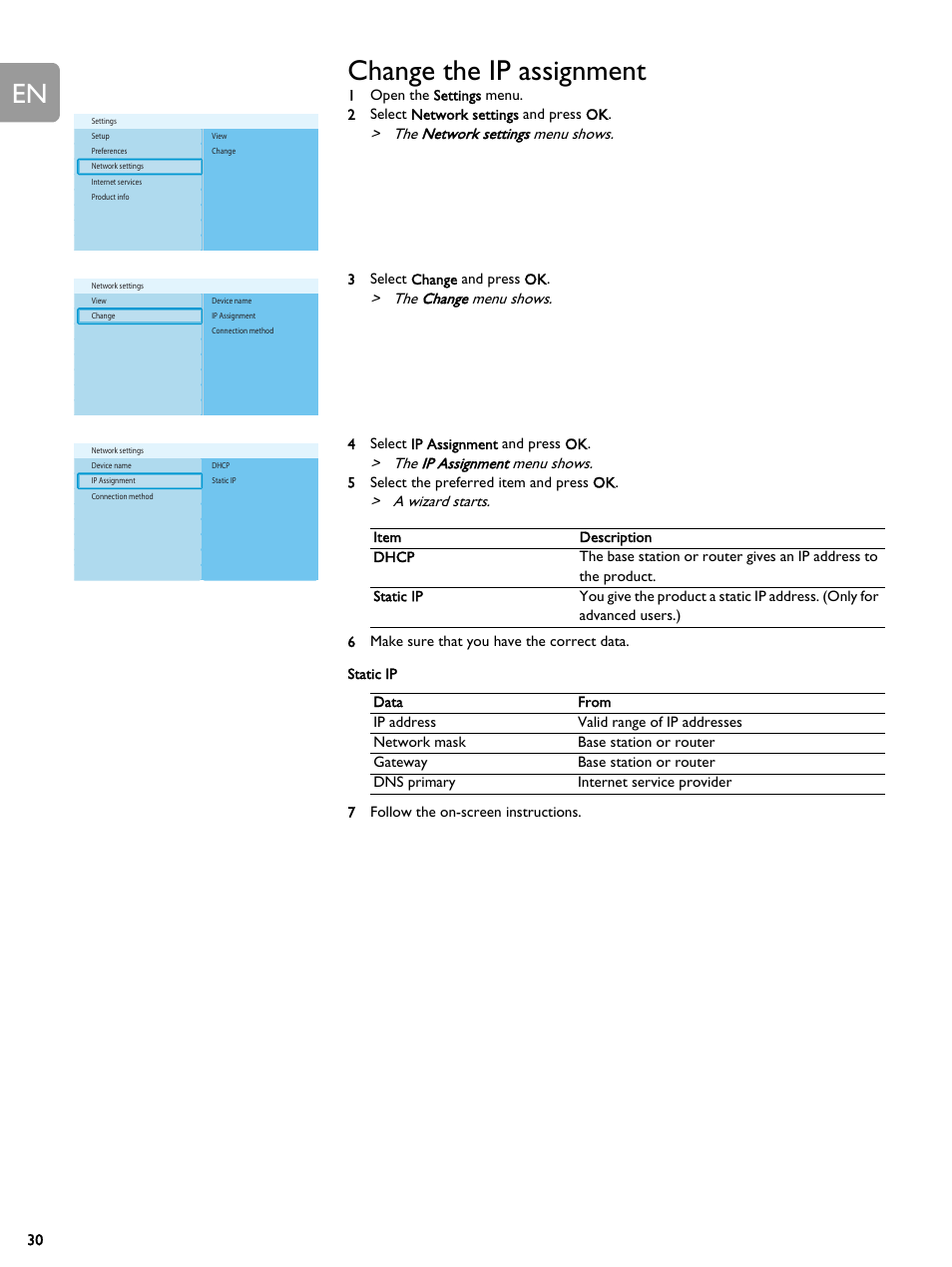 Change the ip assignment, The network settings menu shows, The change menu shows | The ip assignment menu shows, A wizard starts | Philips SLM5500 User Manual | Page 30 / 40