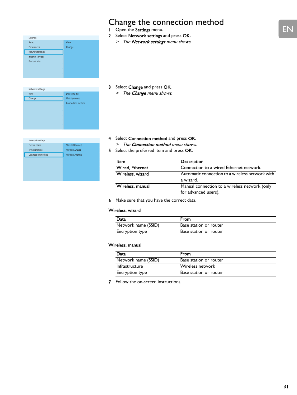 Change the connection method, The network settings menu shows, The change menu shows | The connection method menu shows | Philips SLM5500 User Manual | Page 31 / 40