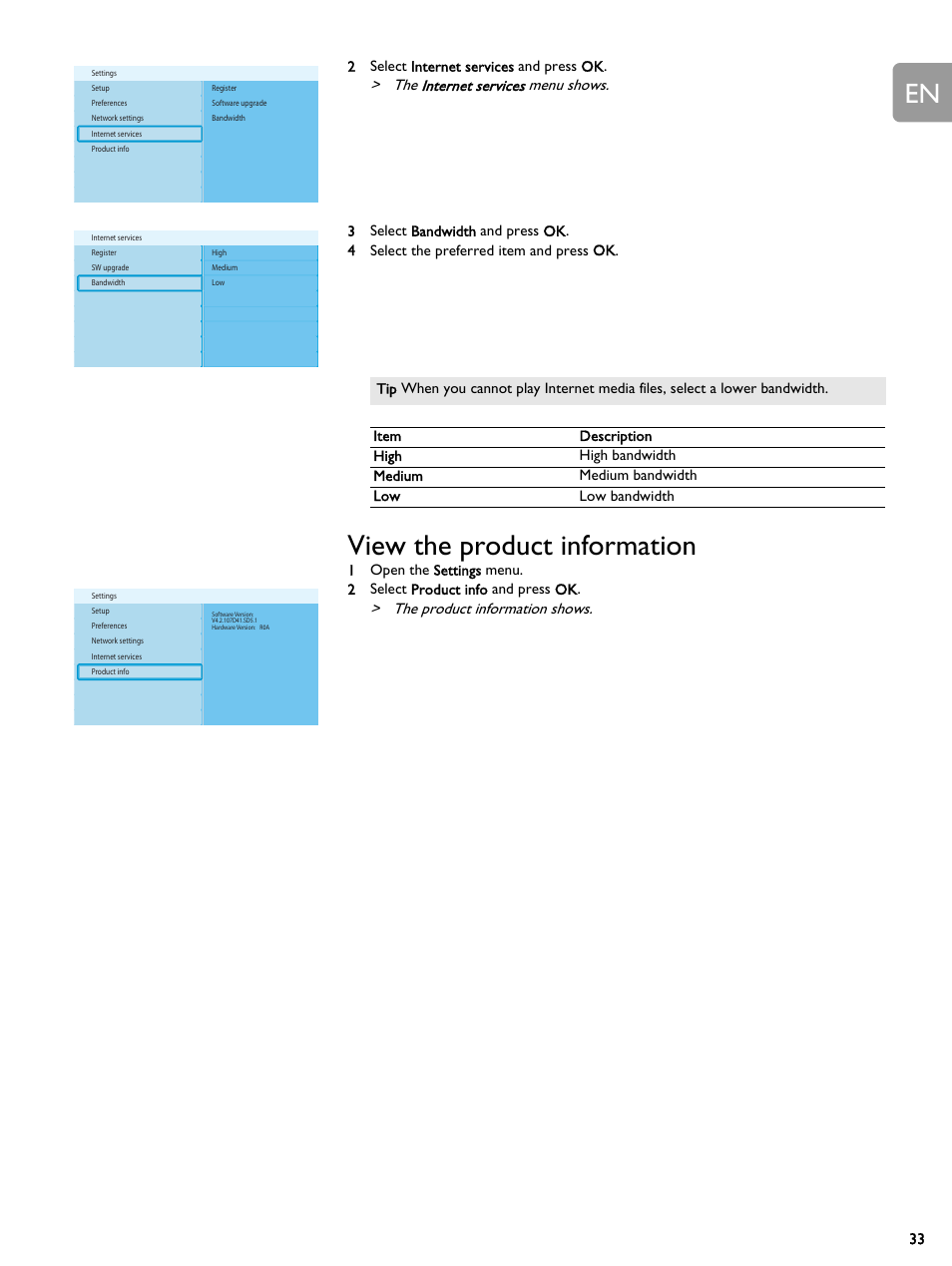 View the product information, The internet services menu shows, The product information shows | 33 2 select internet services and press ok | Philips SLM5500 User Manual | Page 33 / 40