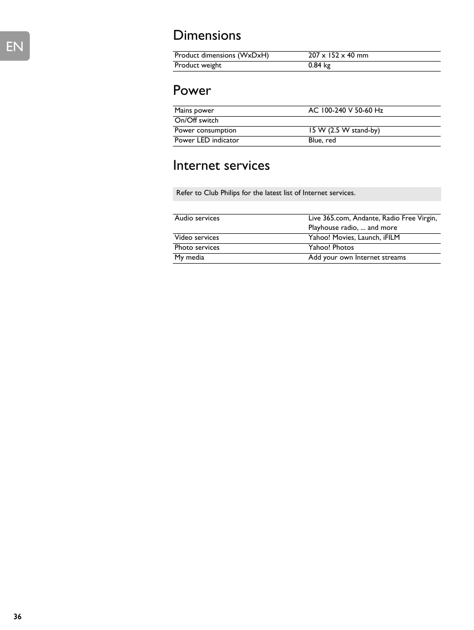 Dimensions, Power, Internet services | Dimensions power internet services | Philips SLM5500 User Manual | Page 36 / 40