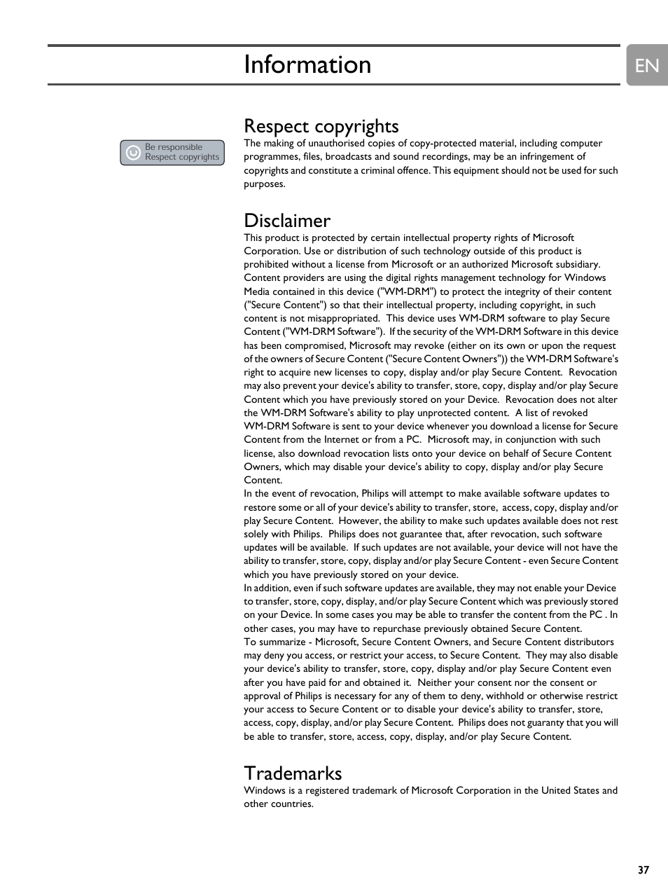 Information, Respect copyrights, Disclaimer | Trademarks, Respect copyrights disclaimer trademarks | Philips SLM5500 User Manual | Page 37 / 40