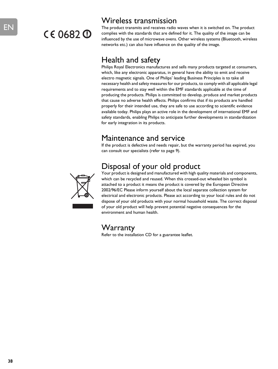 Wireless transmission, Health and safety, Maintenance and service | Disposal of your old product, Warranty | Philips SLM5500 User Manual | Page 38 / 40