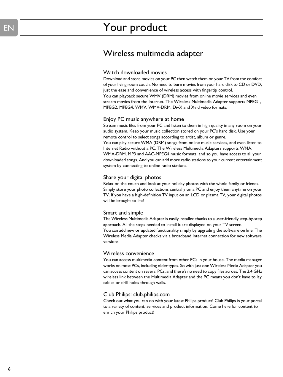 Your product, Wireless multimedia adapter | Philips SLM5500 User Manual | Page 6 / 40