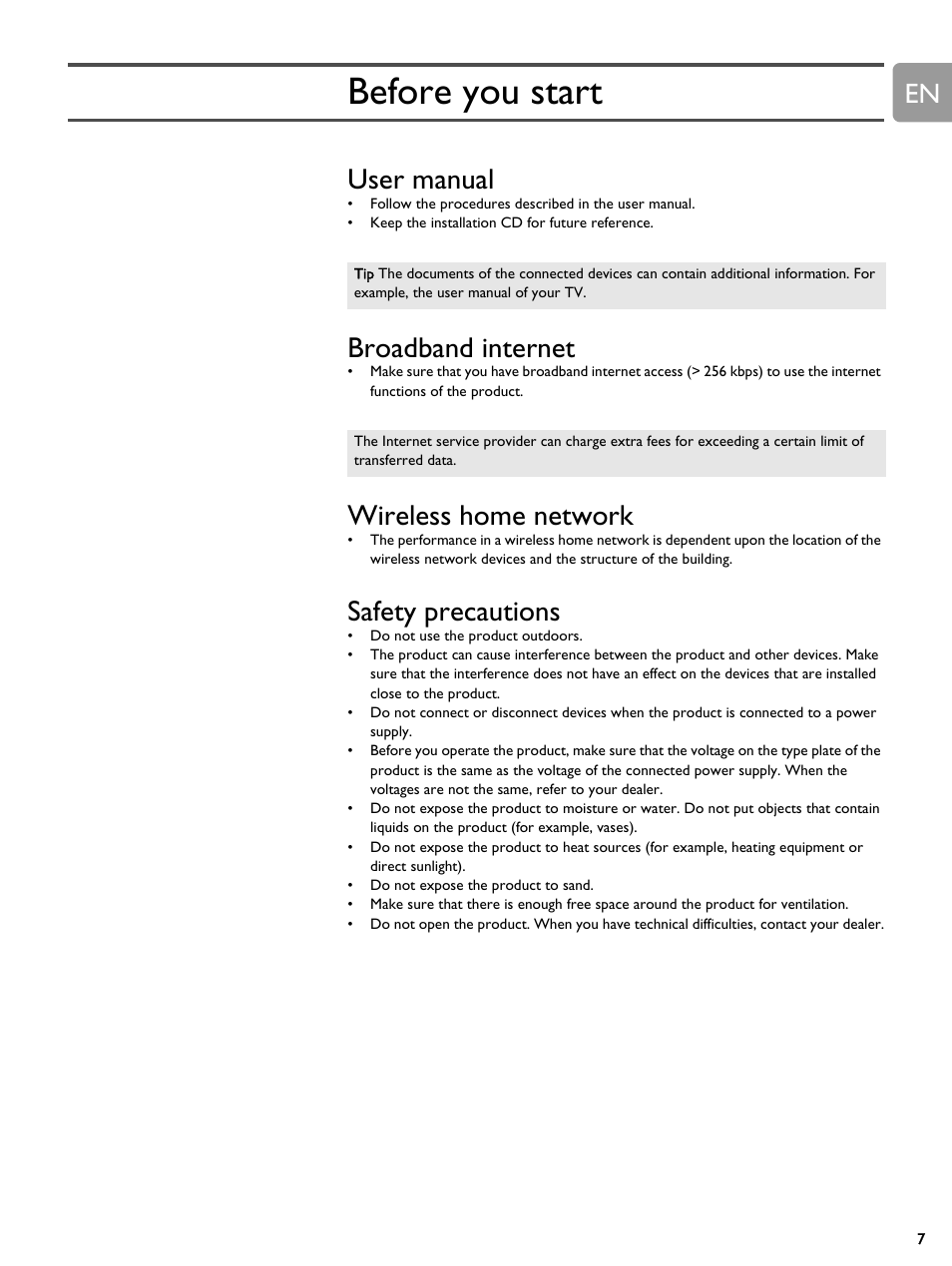 Before you start, User manual, Broadband internet | Wireless home network, Safety precautions | Philips SLM5500 User Manual | Page 7 / 40