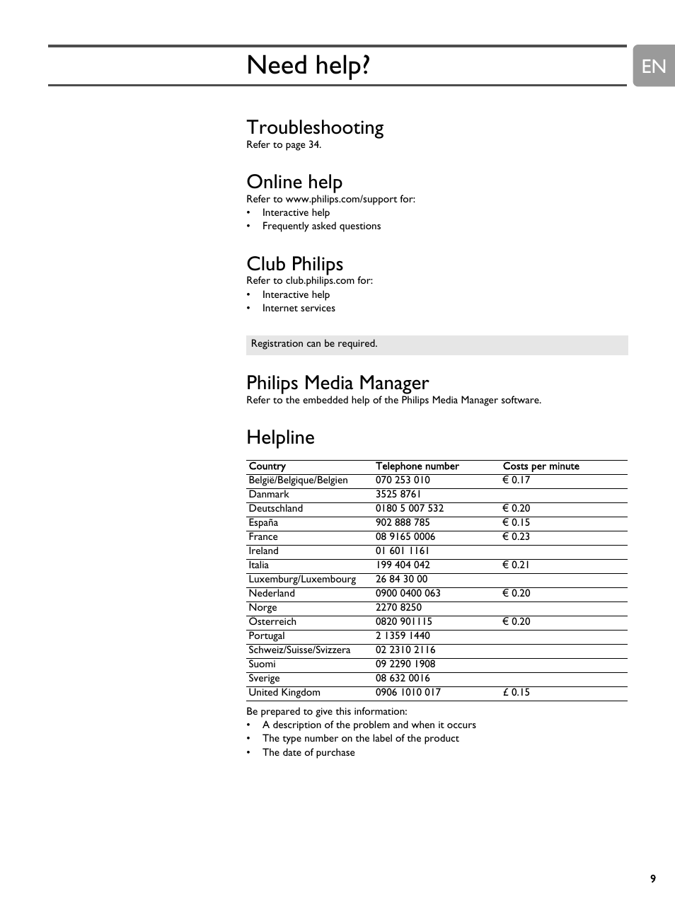 Need help, Troubleshooting, Online help | Club philips, Philips media manager, Helpline | Philips SLM5500 User Manual | Page 9 / 40